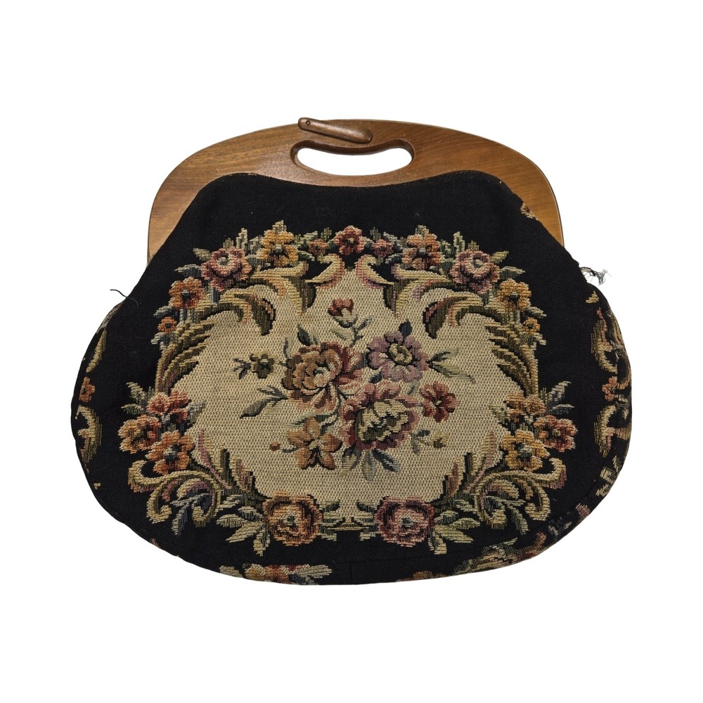 Vintage Floral Tapestry Handbag Wooden Handle Black Needlepoint Bag